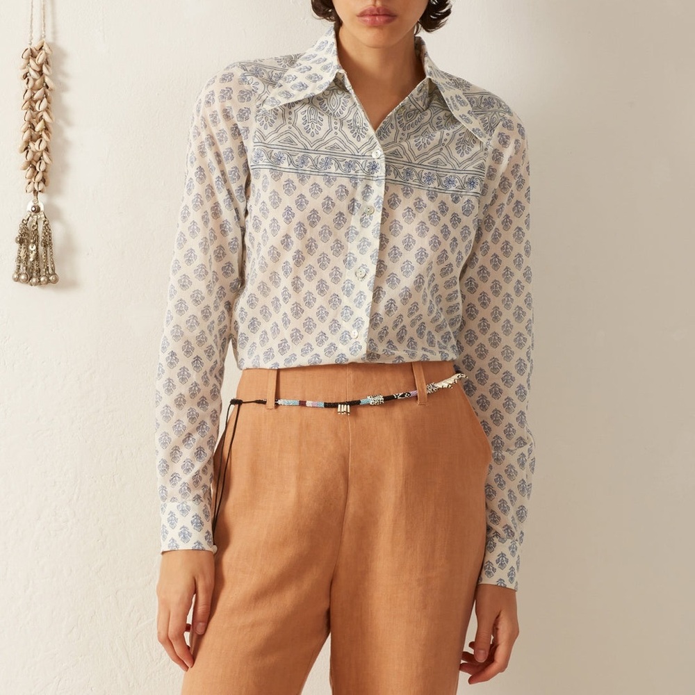 Alix of Bohemia Dolly Delft Bhutti Shirt Long‎ Sleeve Blue White Button Front